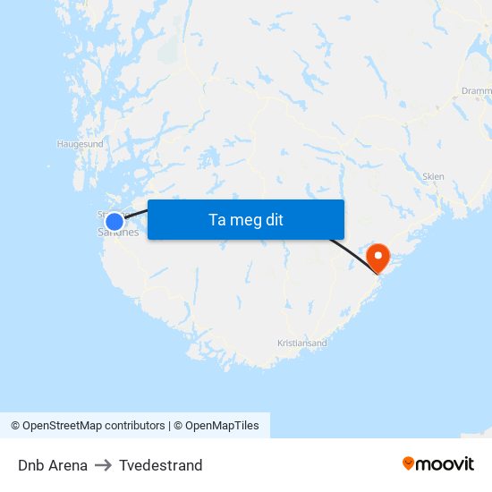 Dnb Arena to Tvedestrand map