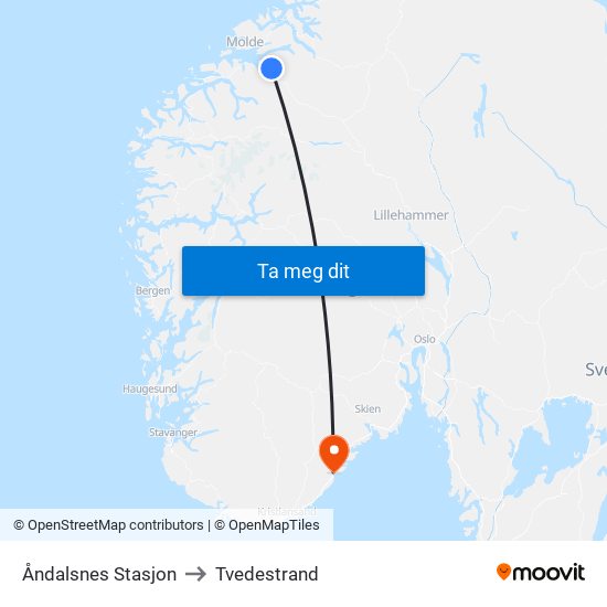 Åndalsnes Stasjon to Tvedestrand map