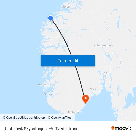 Ulsteinvik Skysstasjon to Tvedestrand map