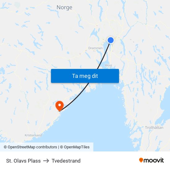 St. Olavs Plass to Tvedestrand map