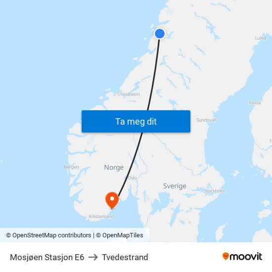 Mosjøen Stasjon E6 to Tvedestrand map