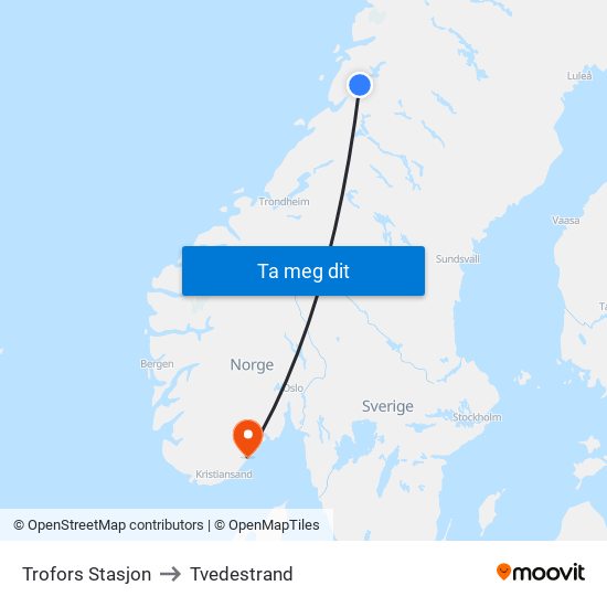 Trofors Stasjon to Tvedestrand map