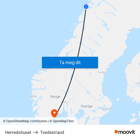 Herredshuset to Tvedestrand map