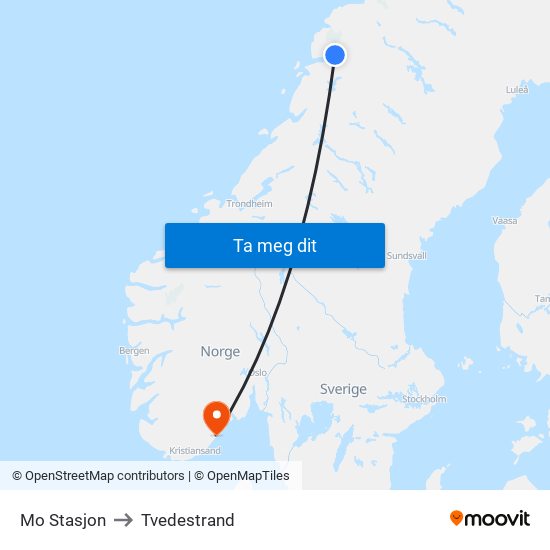 Mo Stasjon to Tvedestrand map