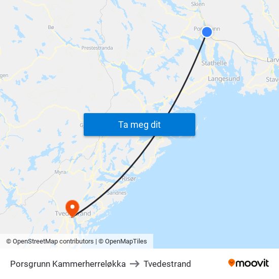 Porsgrunn Kammerherreløkka to Tvedestrand map