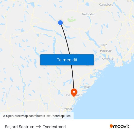 Seljord Sentrum to Tvedestrand map