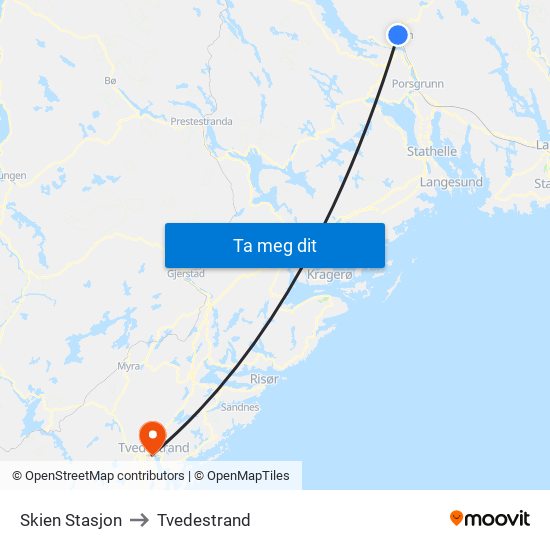 Skien Stasjon to Tvedestrand map