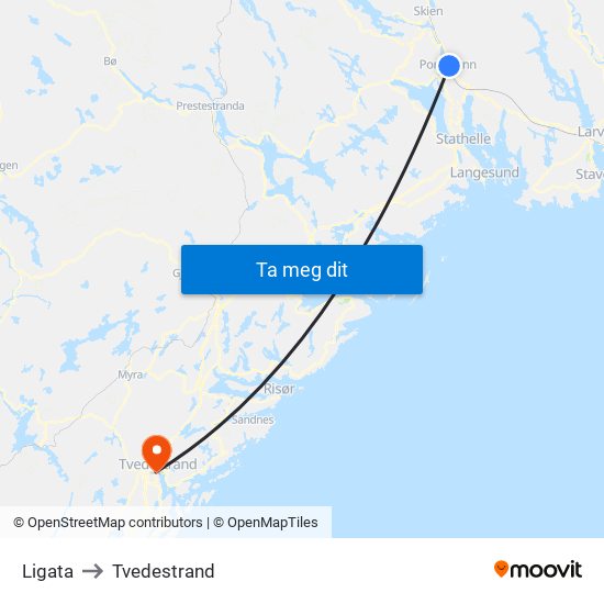 Ligata to Tvedestrand map