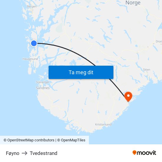 Føyno to Tvedestrand map