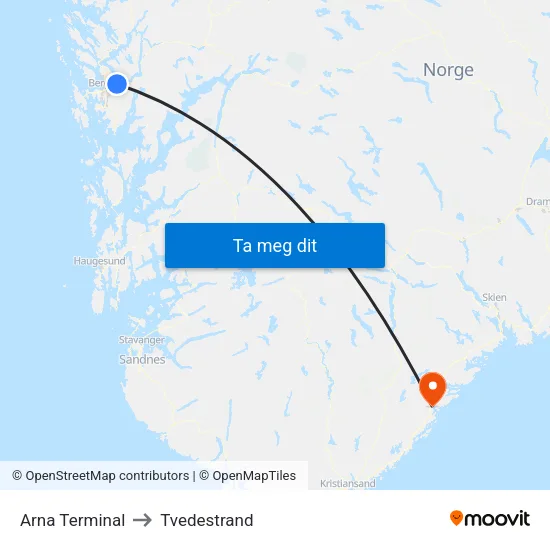 Arna Terminal to Tvedestrand map