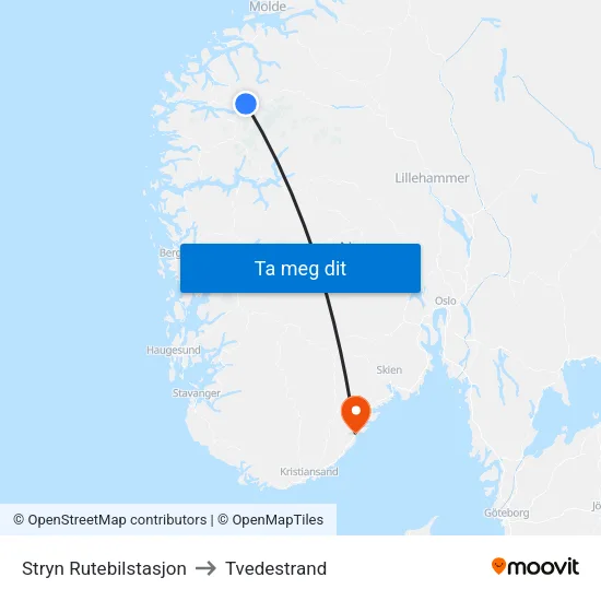 Stryn Rutebilstasjon to Tvedestrand map