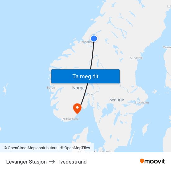 Levanger Stasjon to Tvedestrand map