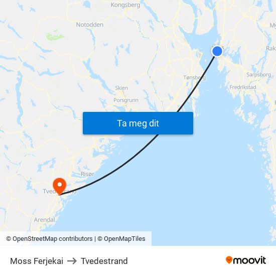 Moss Ferjekai to Tvedestrand map