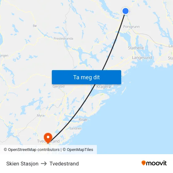 Skien Stasjon to Tvedestrand map
