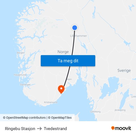 Ringebu Stasjon to Tvedestrand map