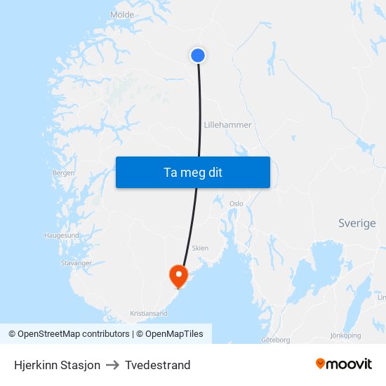 Hjerkinn Stasjon to Tvedestrand map