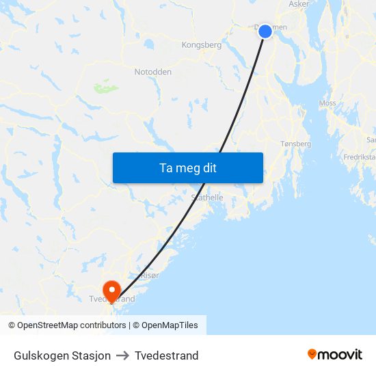 Gulskogen Stasjon to Tvedestrand map