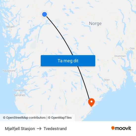 Mjølfjell Stasjon to Tvedestrand map