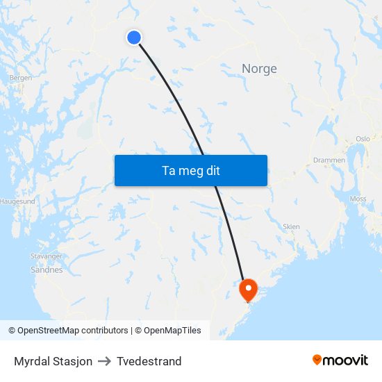 Myrdal Stasjon to Tvedestrand map