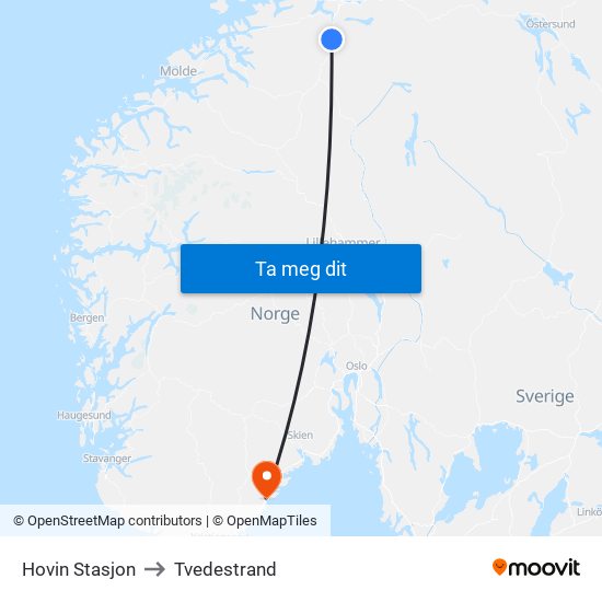 Hovin Stasjon to Tvedestrand map