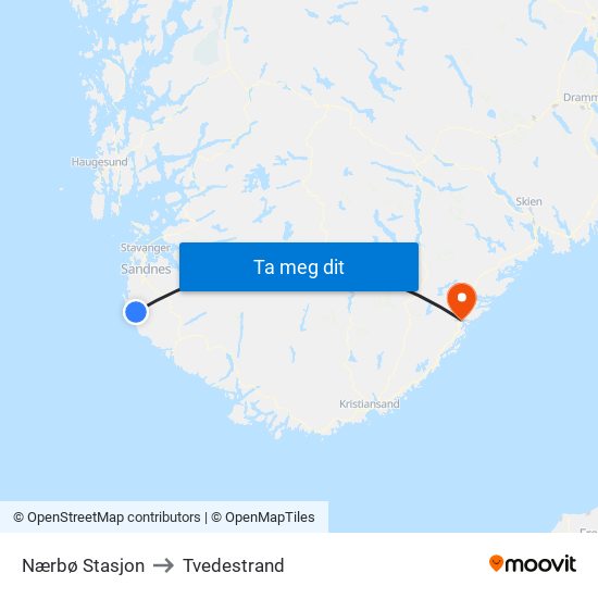 Nærbø Stasjon to Tvedestrand map