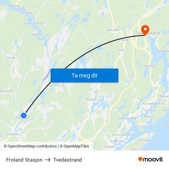 Froland Stasjon to Tvedestrand map