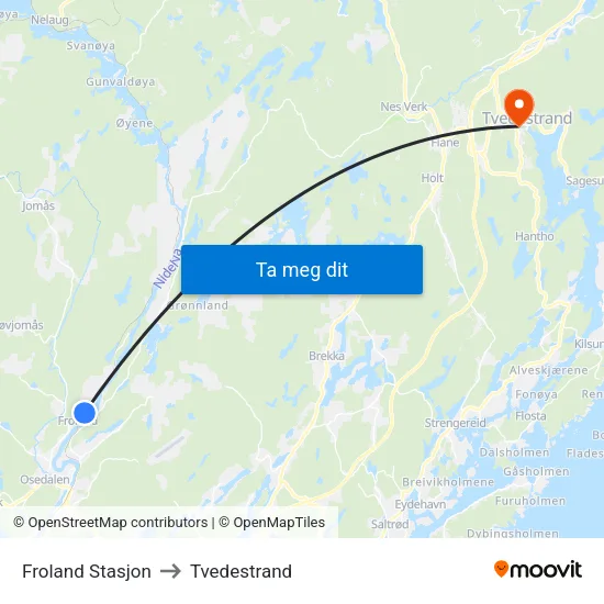 Froland Stasjon to Tvedestrand map