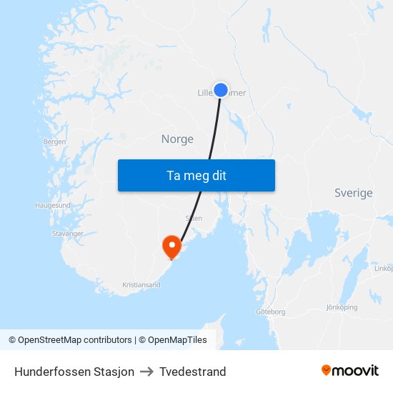 Hunderfossen Stasjon to Tvedestrand map