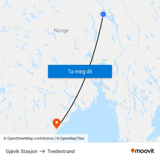 Gjøvik Stasjon to Tvedestrand map