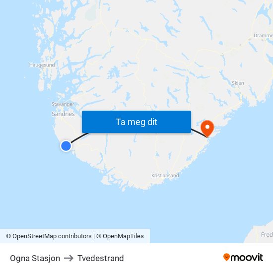 Ogna Stasjon to Tvedestrand map