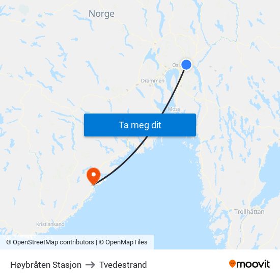 Høybråten Stasjon to Tvedestrand map