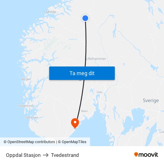 Oppdal Stasjon to Tvedestrand map