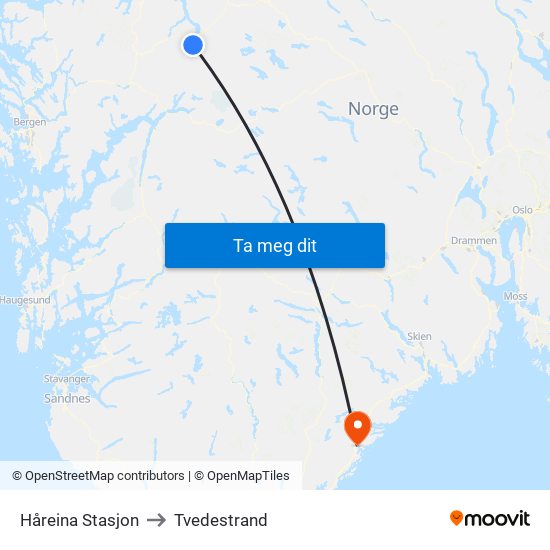 Håreina Stasjon to Tvedestrand map