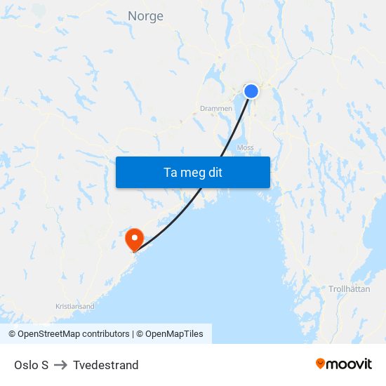 Oslo S to Tvedestrand map