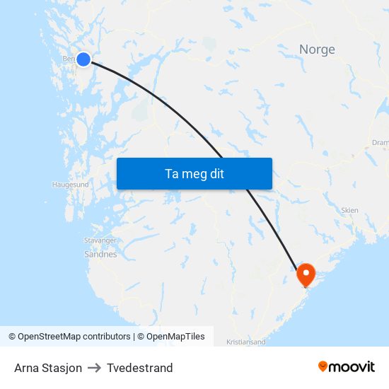 Arna Stasjon to Tvedestrand map