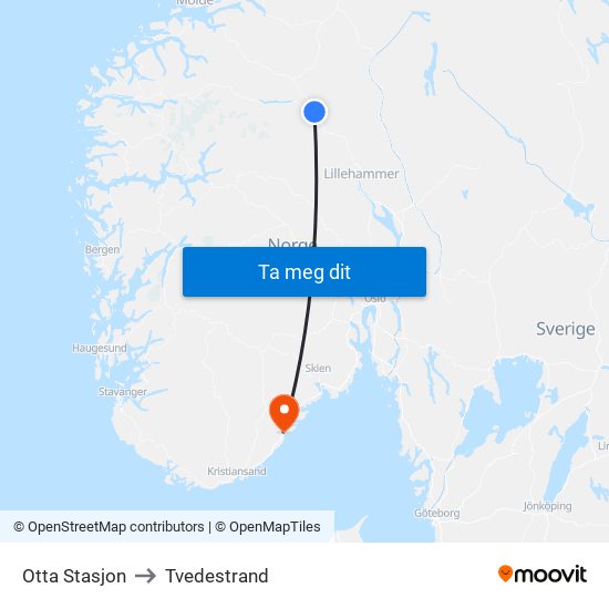 Otta Stasjon to Tvedestrand map