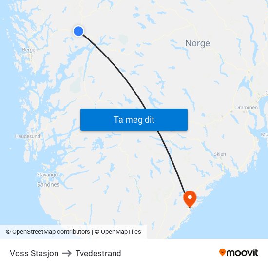 Voss Stasjon to Tvedestrand map