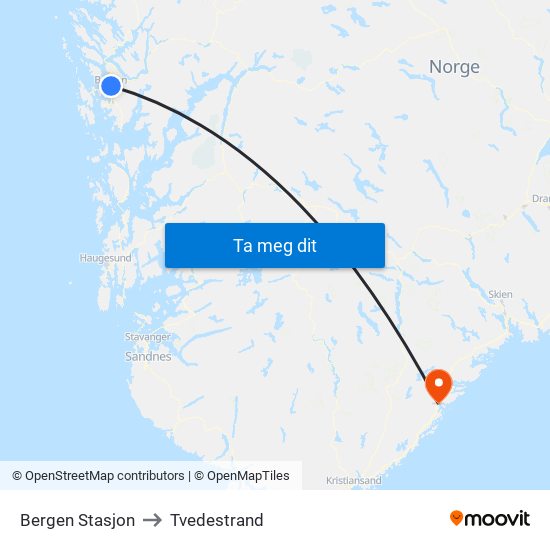 Bergen Stasjon to Tvedestrand map
