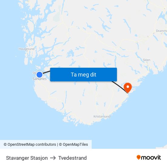 Stavanger Stasjon to Tvedestrand map