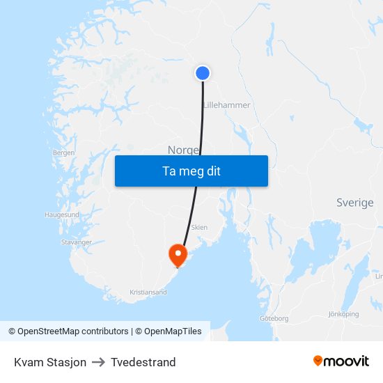 Kvam Stasjon to Tvedestrand map