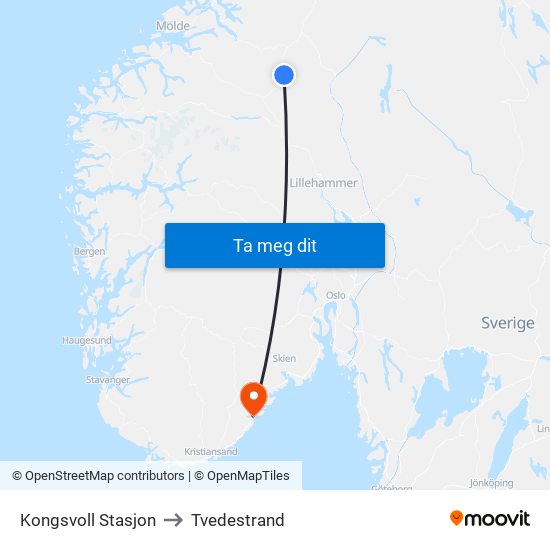 Kongsvoll Stasjon to Tvedestrand map