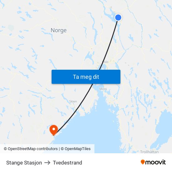 Stange Stasjon to Tvedestrand map