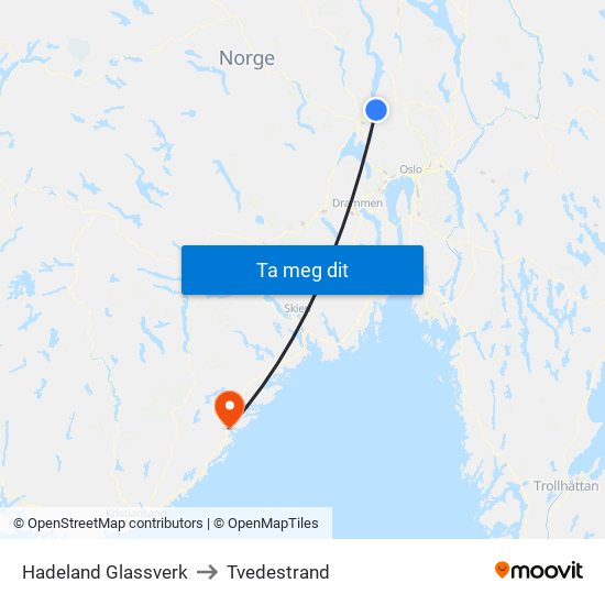 Hadeland Glassverk to Tvedestrand map