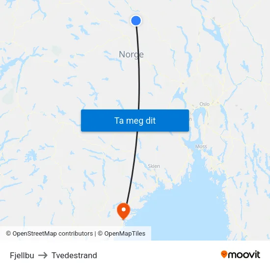 Fjellbu to Tvedestrand map