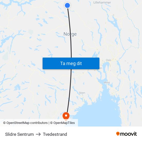 Slidre Sentrum to Tvedestrand map