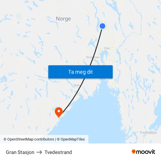 Gran Stasjon to Tvedestrand map