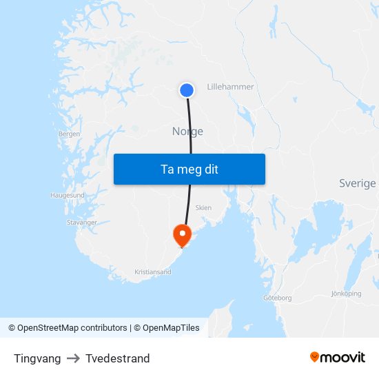 Tingvang to Tvedestrand map