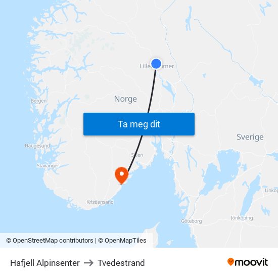 Hafjell Alpinsenter to Tvedestrand map