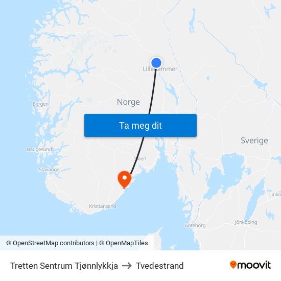 Tretten Sentrum Tjønnlykkja to Tvedestrand map