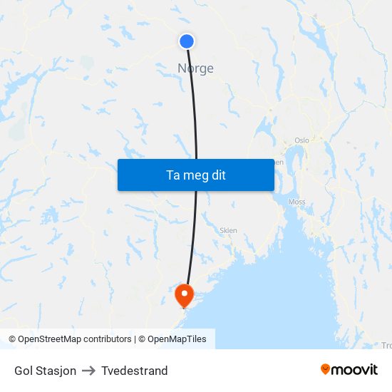 Gol Stasjon to Tvedestrand map